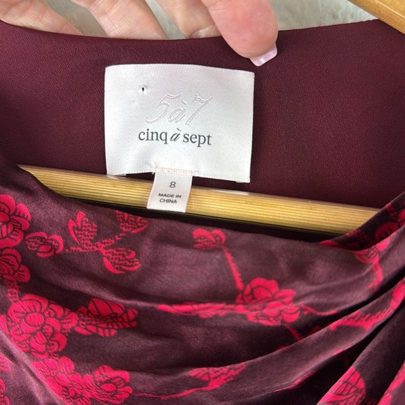 Cinq A Sept Nanon 100% Silk Cowl Neck Red Floral Ruffled Asymmetrical Midi Dress - Picture 8 of 9